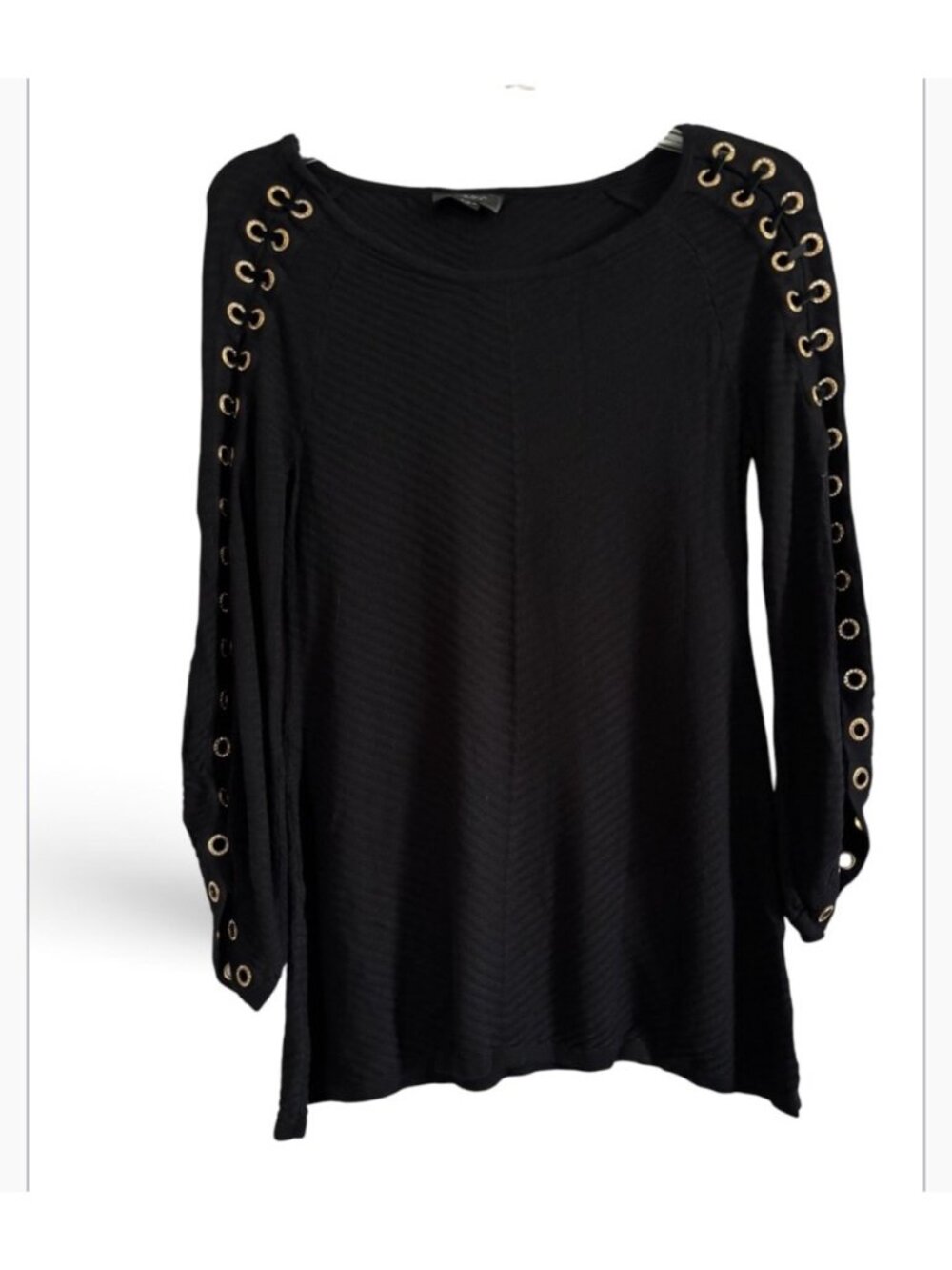 Belldini Black Knit 3/4 Sleeve Top Metal Decor With Rhinestones On Sleeves S/P